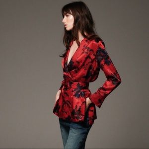 ZARA Belted Printed Blouse Red Satin